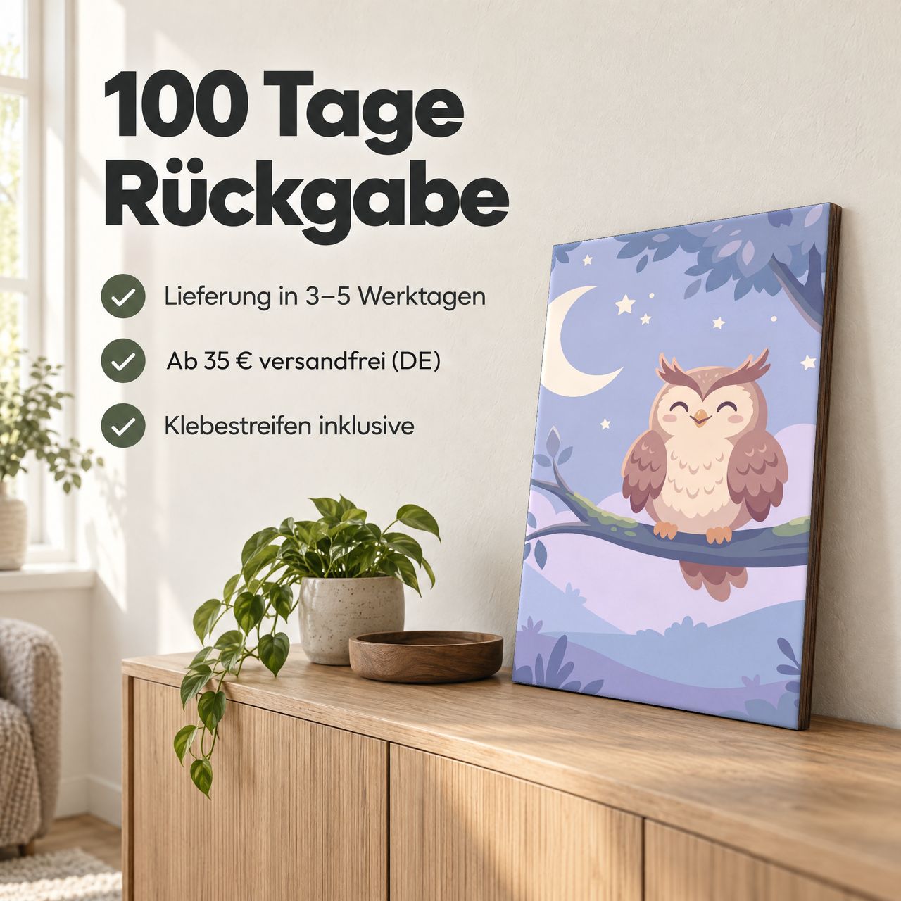 Holzposter Eule unter dem Mond: 100 Tage Rückgabe, Lieferung in 3–5 Werktagen, Klebestreifen inklusive
