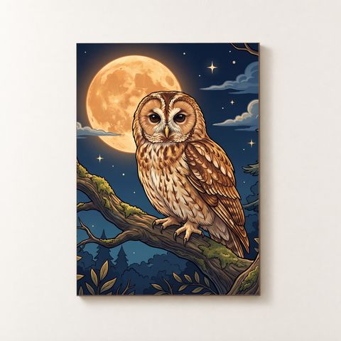 Vorderansicht des Holzposters mit einer Eule auf einem moosigen Ast und Vollmond im Hintergrund