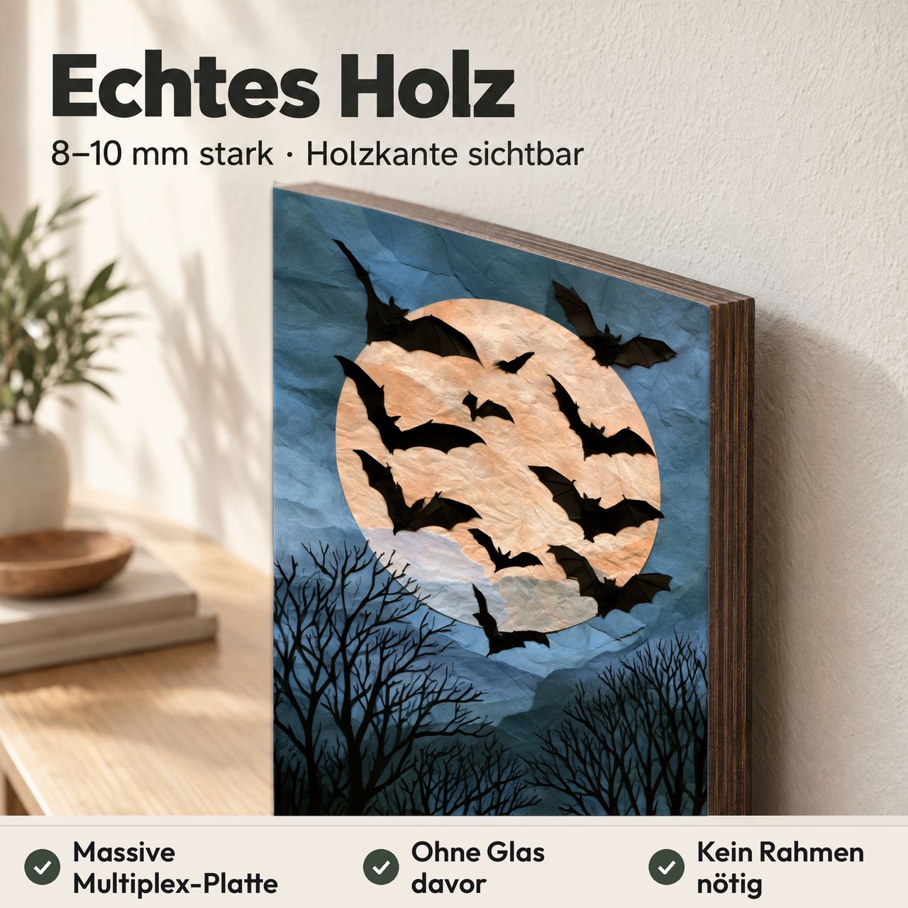 Holzposter Fledermäuse über Mond aus echtem Holz, 8–10 mm stark, mit sichtbarer Holzkante