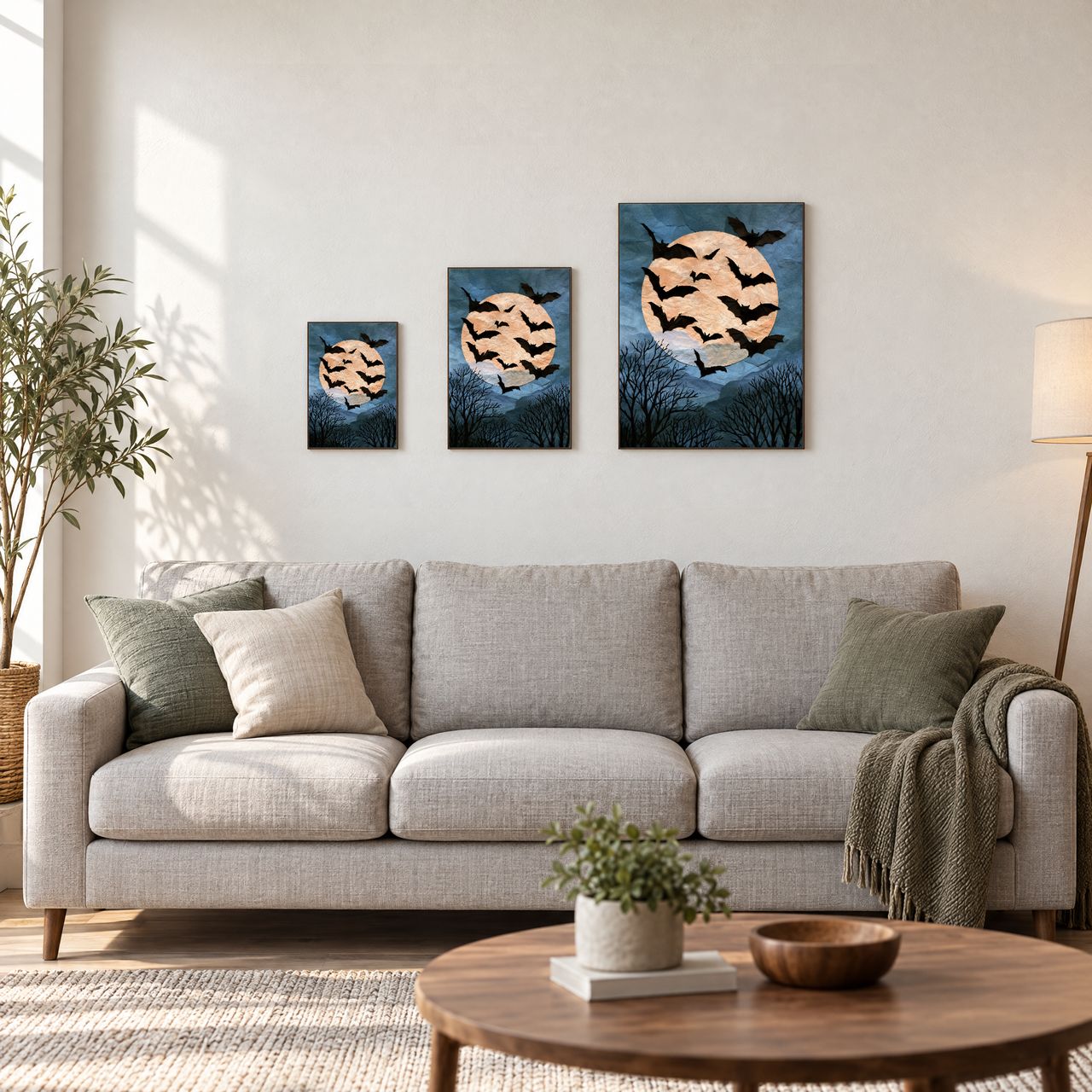 Holzposter Fledermäuse über Mond in drei Größen, A4, A3 und A2, an der Wand über dem Sofa