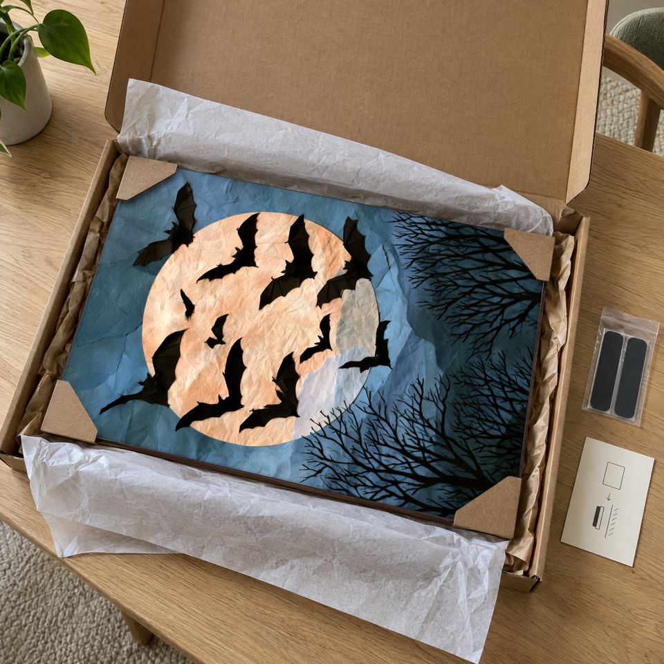 Holzposter Fledermäuse über Mond im Paket: mit Kantenschutz an allen vier Ecken und Seidenpapier verpackt