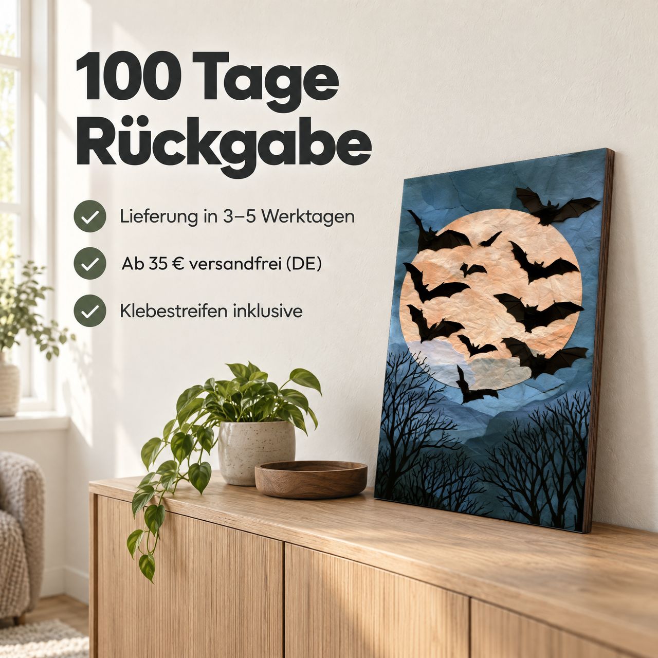 Holzposter Fledermäuse über Mond: 100 Tage Rückgabe, Lieferung in 3–5 Werktagen, Klebestreifen inklusive