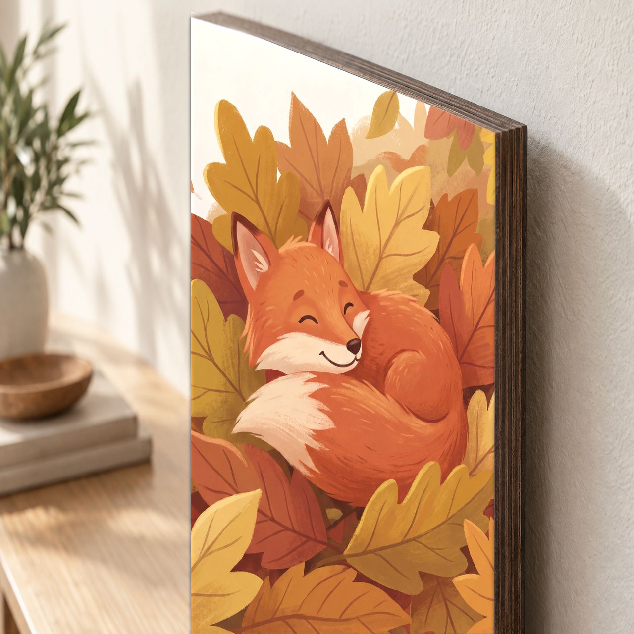 Holzposter Kleiner Fuchs im Herbstlaub aus echtem Holz, 8–10 mm stark, mit sichtbarer Holzkante
