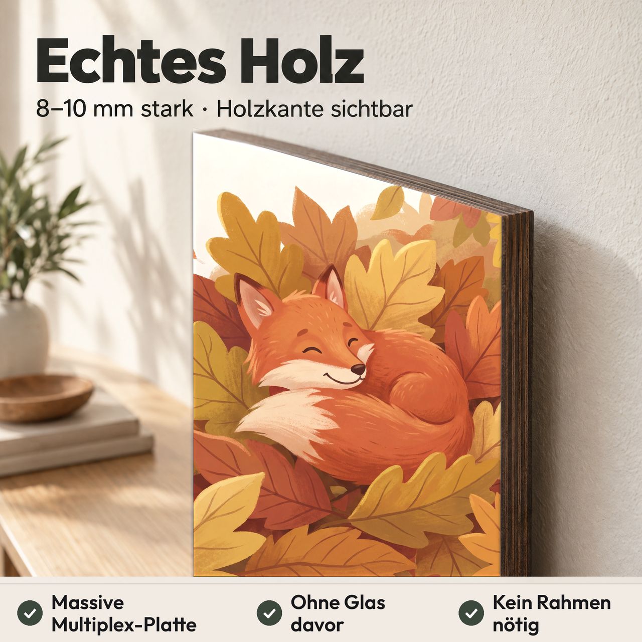 Holzposter Kleiner Fuchs im Herbstlaub aus echtem Holz, 8–10 mm stark, mit sichtbarer Holzkante