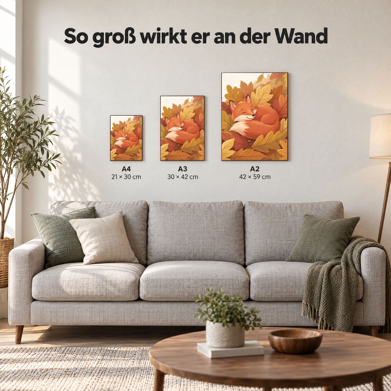 Holzposter Kleiner Fuchs im Herbstlaub in A4, A3 und A2 an der Wand über dem Sofa: so groß wirkt er