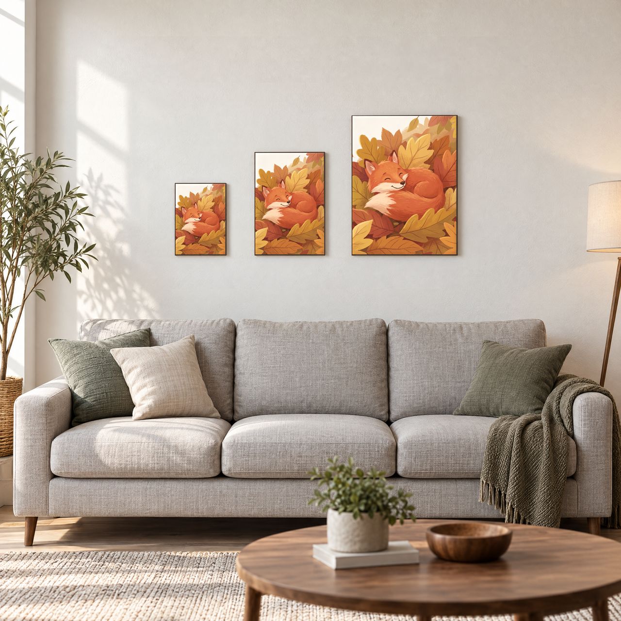Holzposter Kleiner Fuchs im Herbstlaub in drei Größen, A4, A3 und A2, an der Wand über dem Sofa
