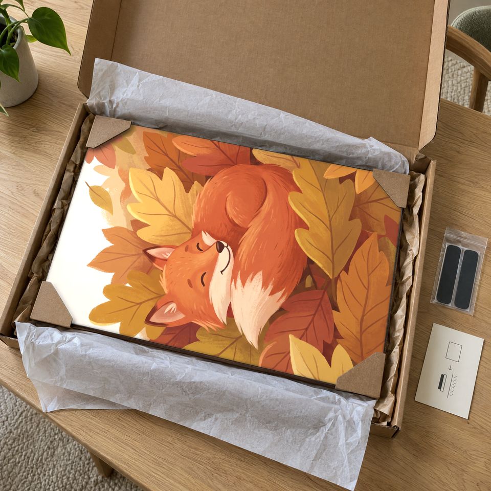 Holzposter Kleiner Fuchs im Herbstlaub im Paket: mit Kantenschutz an allen vier Ecken und Seidenpapier verpackt