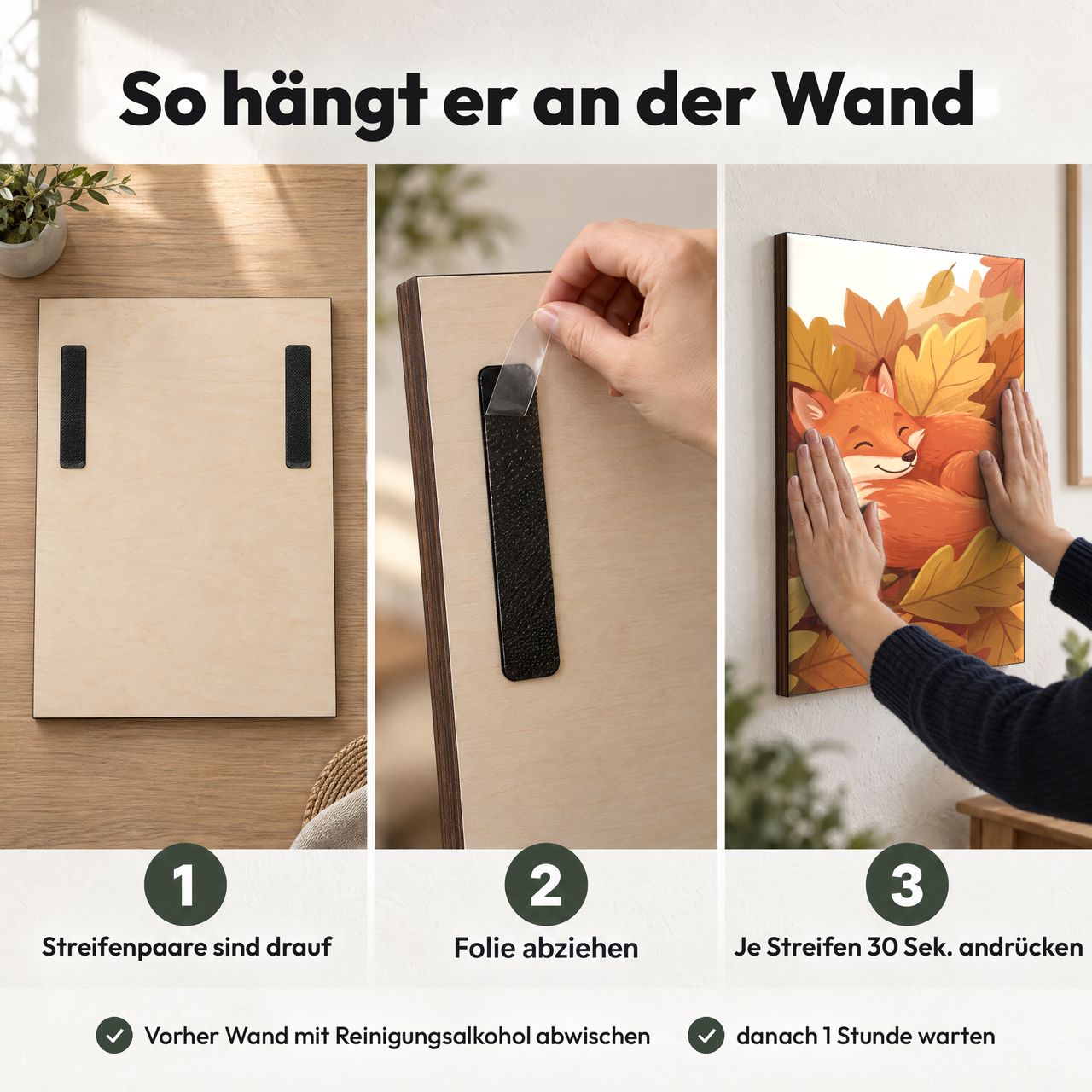 Holzposter Kleiner Fuchs im Herbstlaub in 3 Schritten an der Wand: Streifen sind drauf, Folie abziehen, andrücken