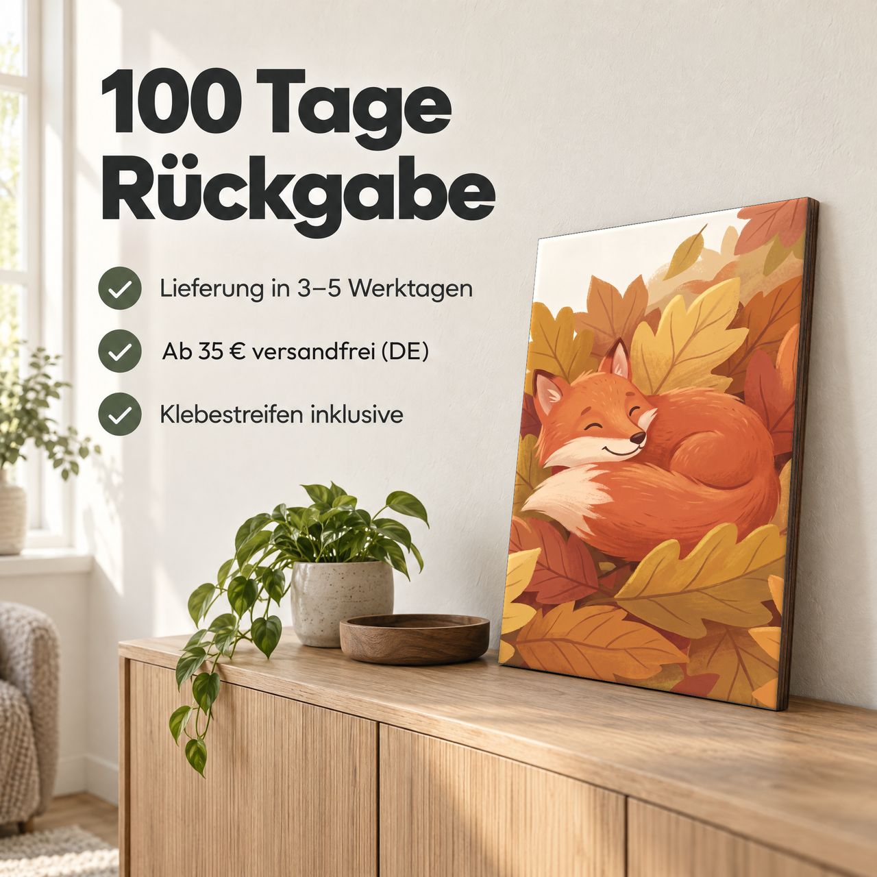 Holzposter Kleiner Fuchs im Herbstlaub: 100 Tage Rückgabe, Lieferung in 3–5 Werktagen, Klebestreifen inklusive