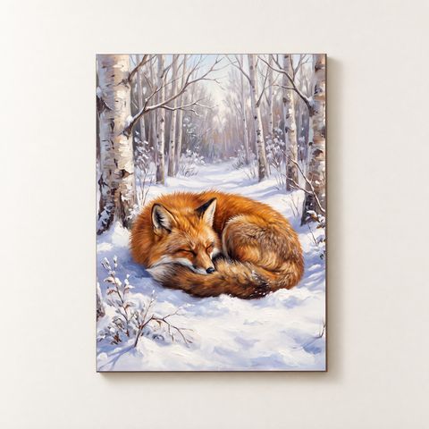 Vorderansicht des Holzposters mit einem rotbraunen Fuchs im Schnee unter Birken