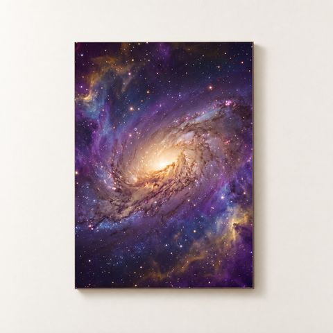 Vorderansicht des Holzposters mit violetter Spiralgalaxie und goldenem Kern