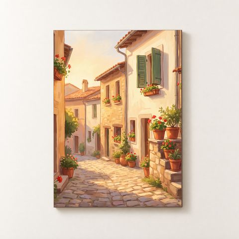 Vorderansicht des Holzposters mit einer sonnenbeschienenen Gasse und terracotta Blumentöpfen