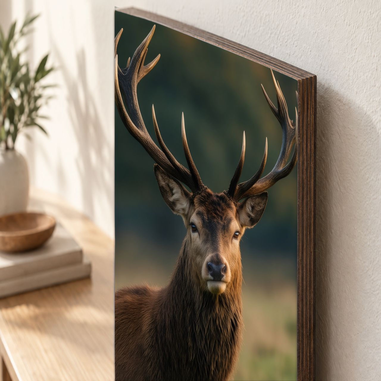Holzposter Hirsch im goldenen Abendlicht aus echtem Holz, 8–10 mm stark, mit sichtbarer Holzkante