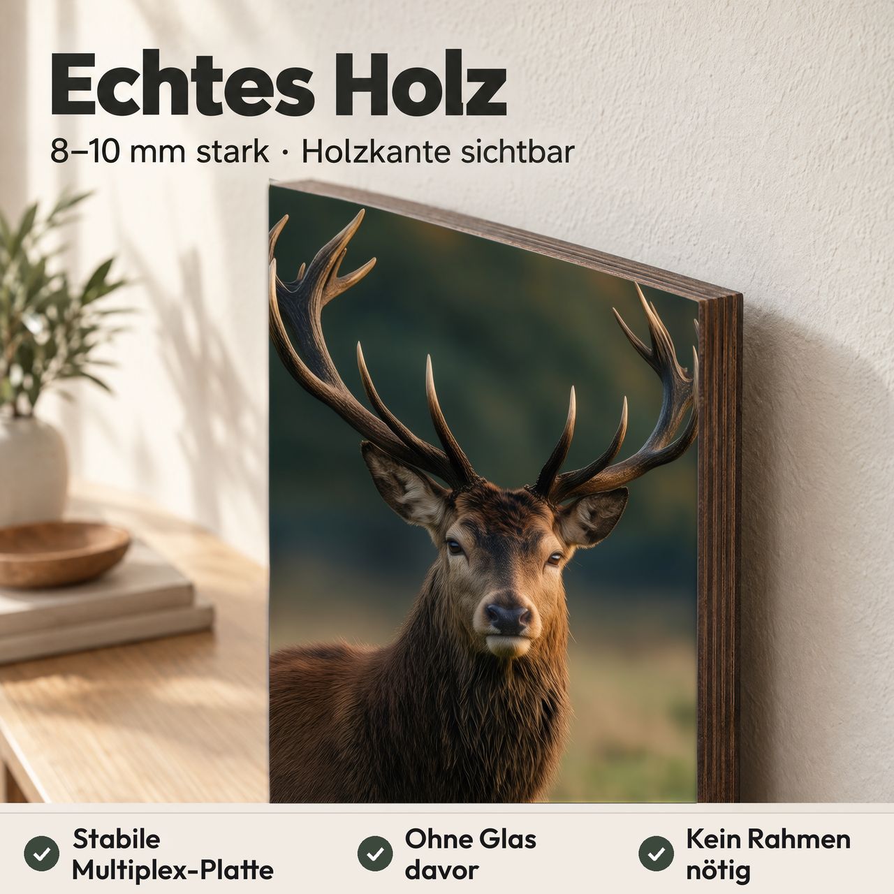 Holzposter Hirsch im goldenen Abendlicht aus echtem Holz, 8–10 mm stark, mit sichtbarer Holzkante