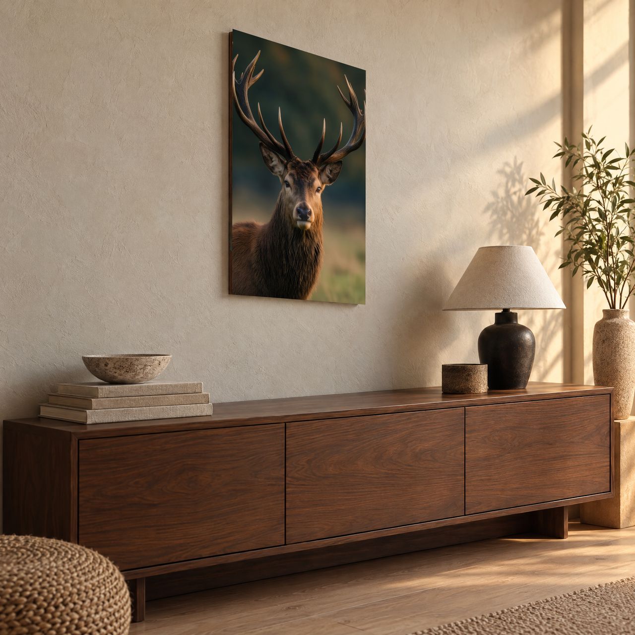 Hirsch im goldenen Abendlicht Holzposter über einem Sideboard aus dunklem Holz, schräg von der Seite gesehen