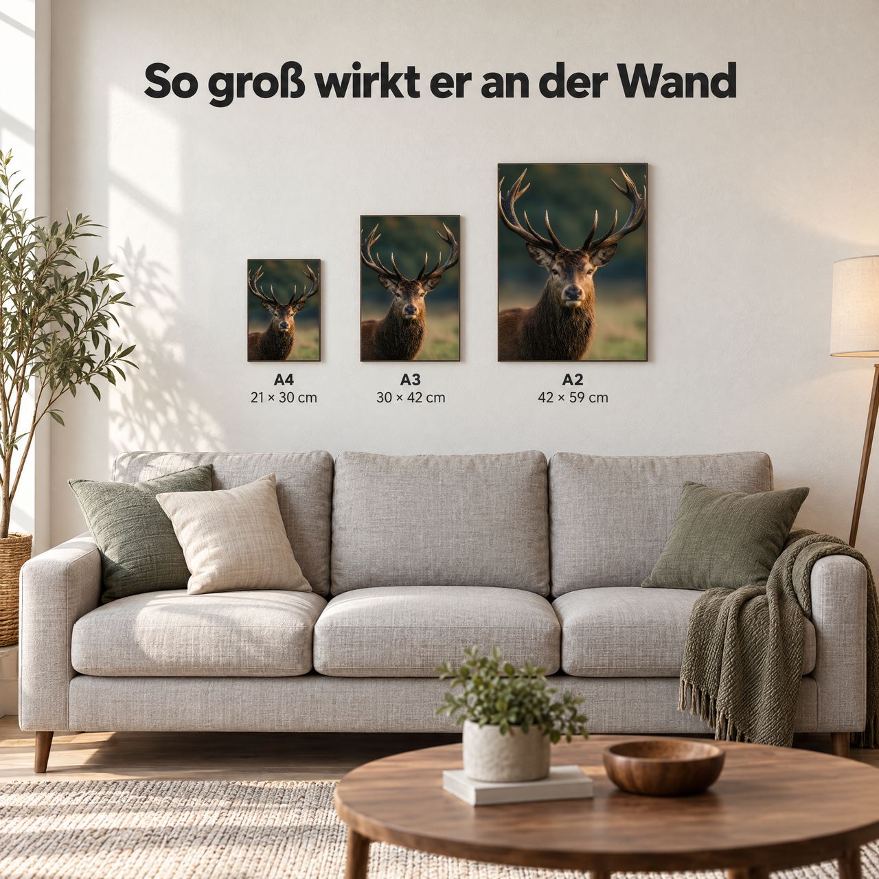 Holzposter Hirsch im goldenen Abendlicht in A4, A3 und A2 an der Wand über dem Sofa: so groß wirkt er
