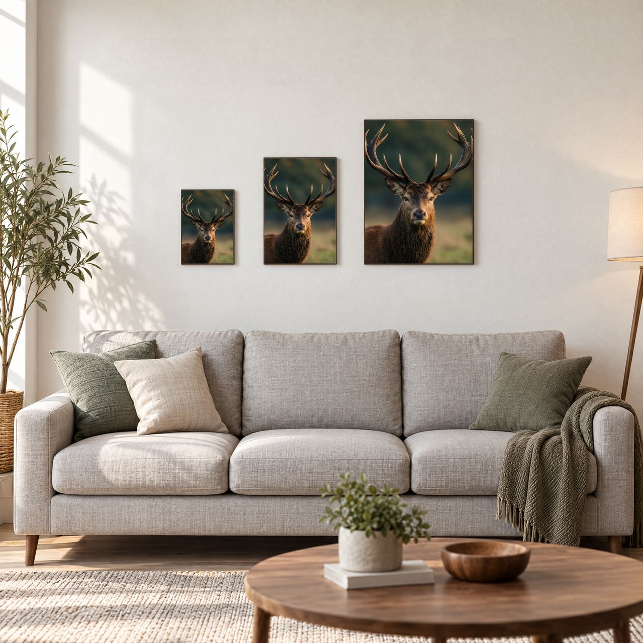 Holzposter Hirsch im goldenen Abendlicht in drei Größen, A4, A3 und A2, an der Wand über dem Sofa