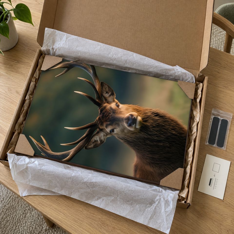 Holzposter Hirsch im goldenen Abendlicht im Paket: mit Kantenschutz an allen vier Ecken und Seidenpapier verpackt