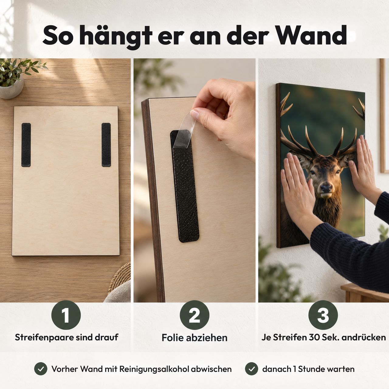 Holzposter Hirsch im goldenen Abendlicht in 3 Schritten an der Wand: Streifen sind drauf, Folie abziehen, andrücken