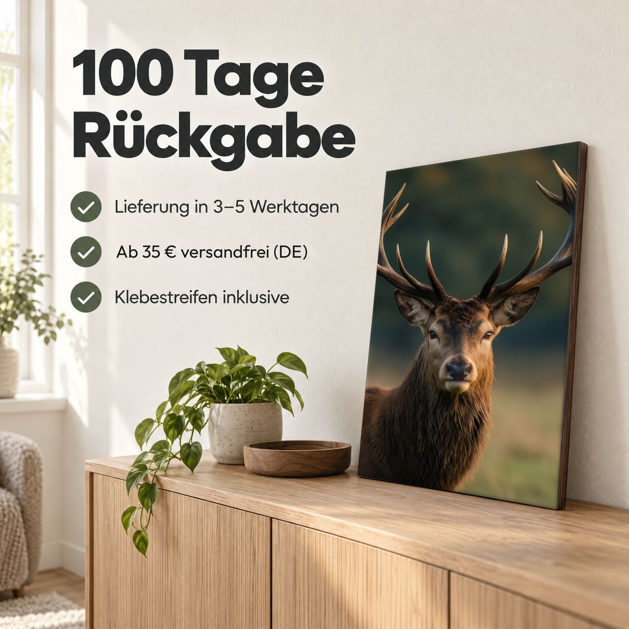Holzposter Hirsch im goldenen Abendlicht: 100 Tage Rückgabe, Lieferung in 3–5 Werktagen, Klebestreifen inklusive