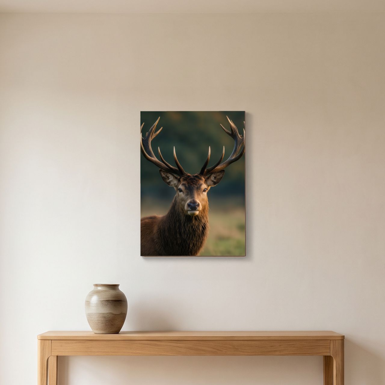 Holzposter mit Hirsch im Flur, neben einer schlichten Kommode platziert