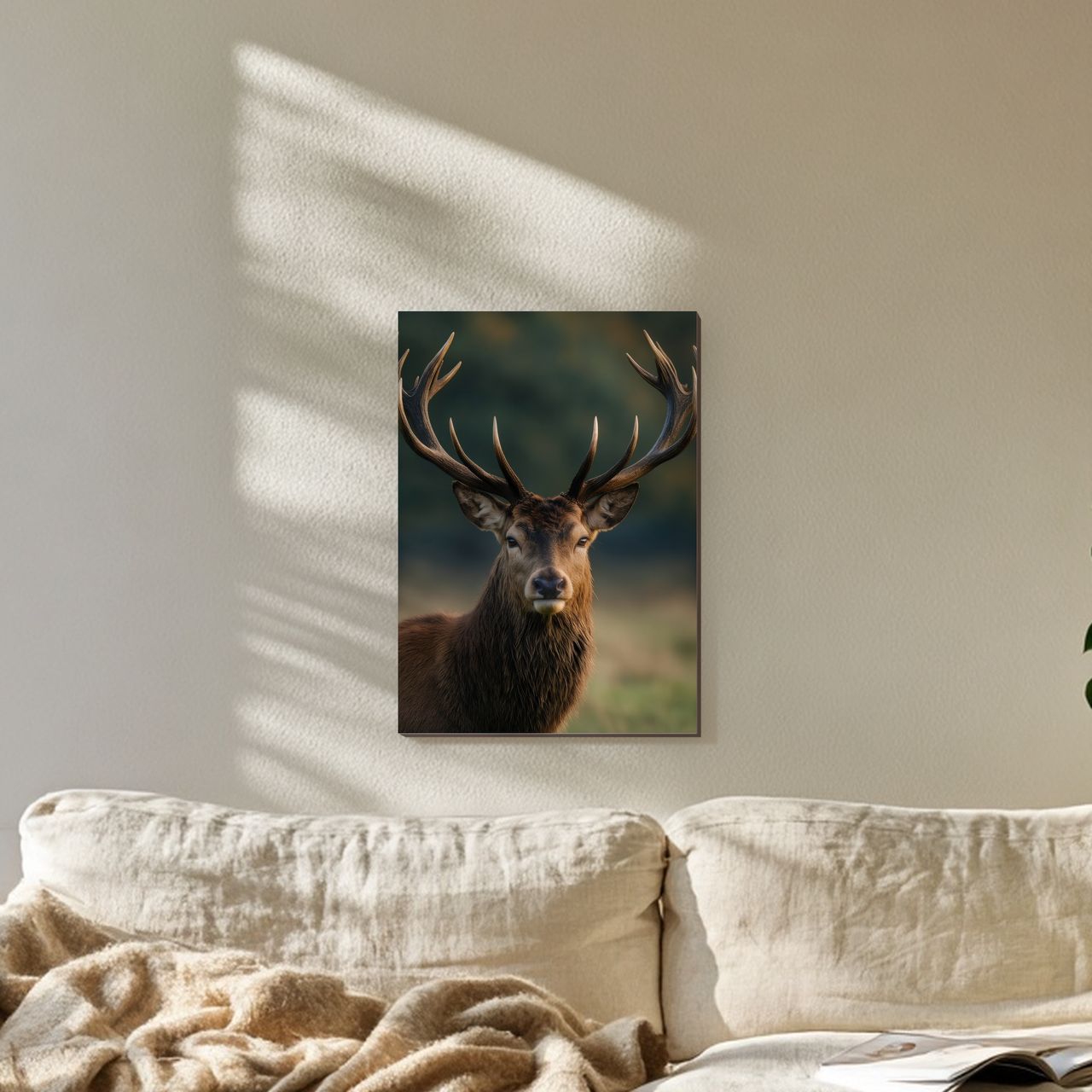 Hirsch im goldenen Abendlicht Holzposter an der Wand im sonnigen Wohnzimmer