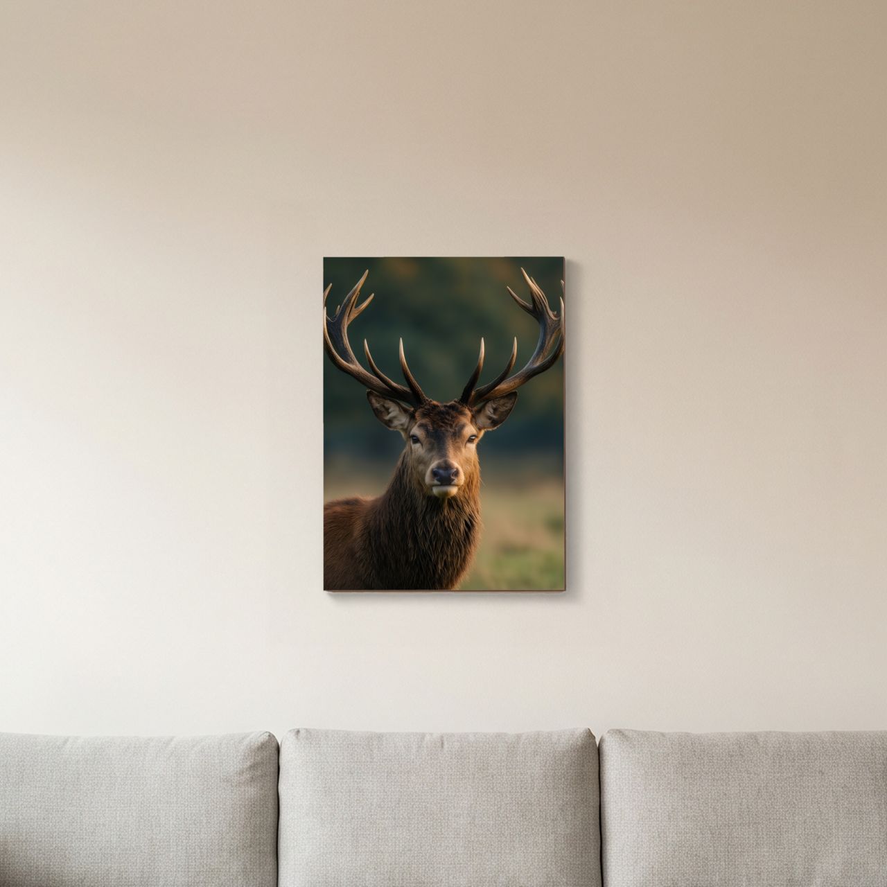 Der Hirsch als Wandbild aus Holz im Wohnzimmer, beleuchtet von weichem Licht