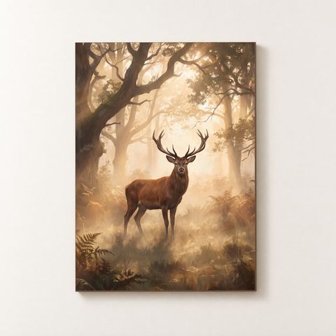 Vorderansicht des Holzposters mit Hirsch im Morgennebel