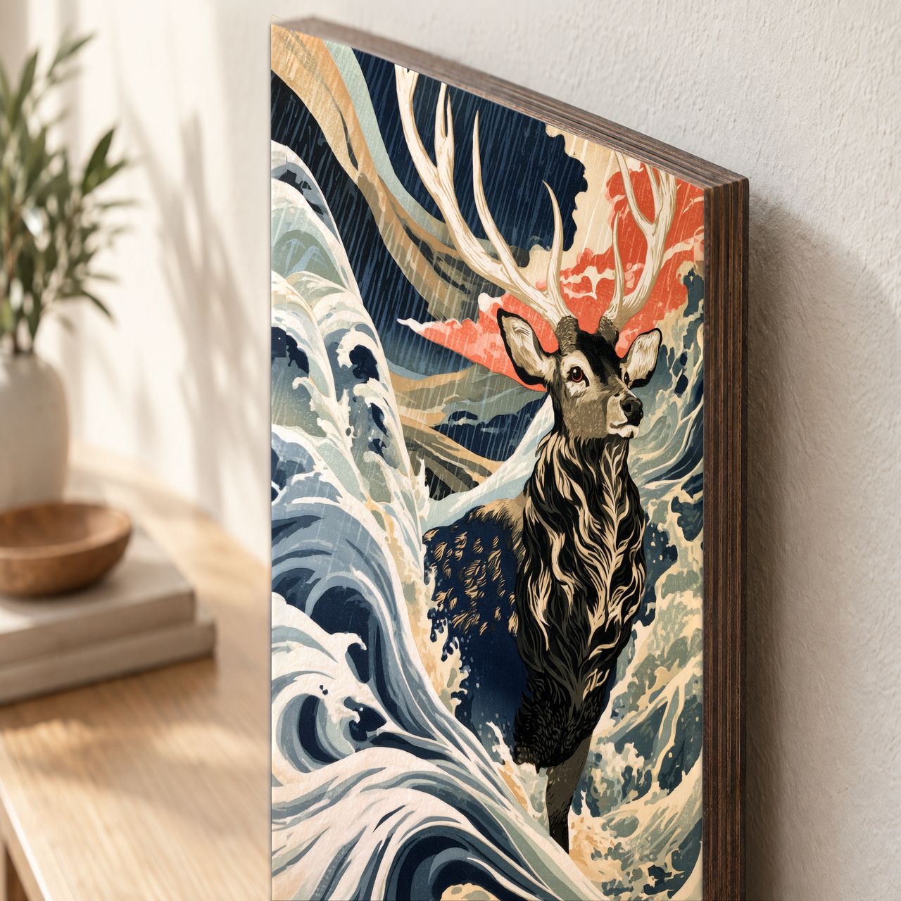 Holzposter Hirsch im Regenwind aus echtem Holz, 8–10 mm stark, mit sichtbarer Holzkante