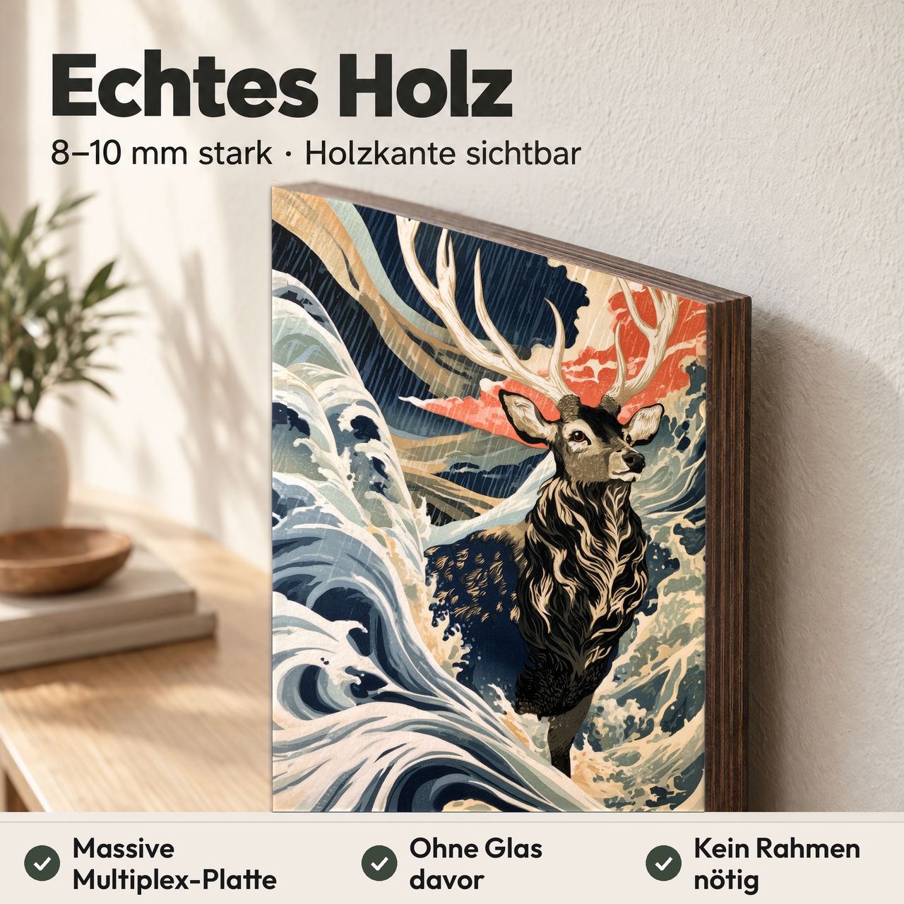 Holzposter Hirsch im Regenwind aus echtem Holz, 8–10 mm stark, mit sichtbarer Holzkante