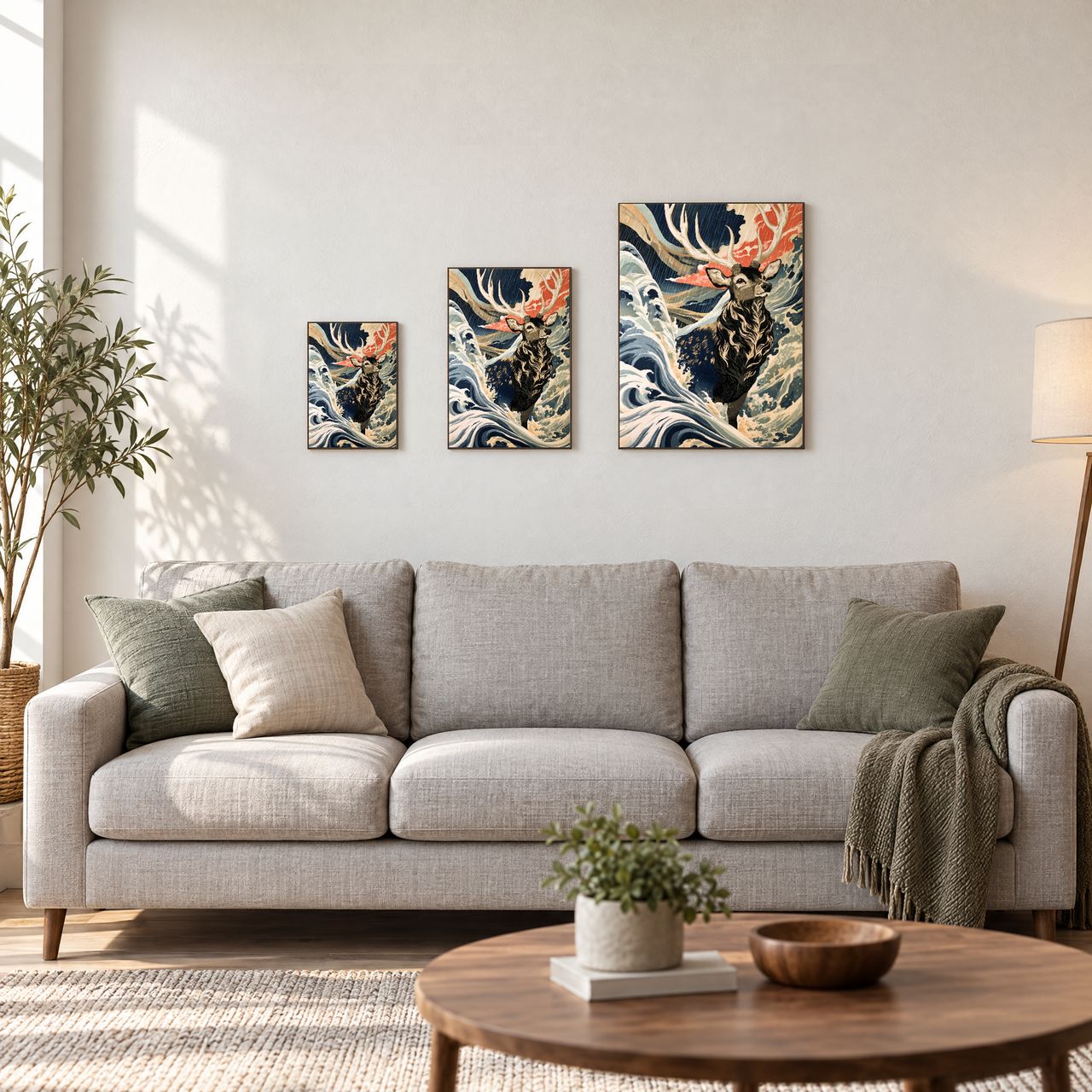 Holzposter Hirsch im Regenwind in drei Größen, A4, A3 und A2, an der Wand über dem Sofa