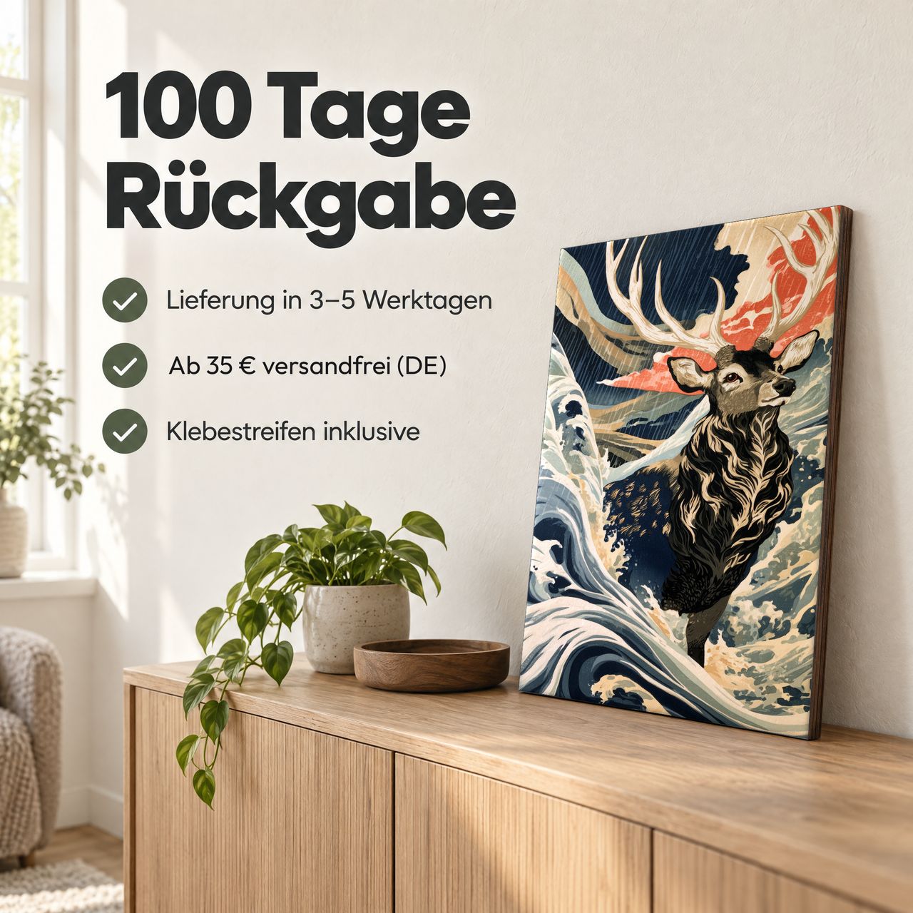 Holzposter Hirsch im Regenwind: 100 Tage Rückgabe, Lieferung in 3–5 Werktagen, Klebestreifen inklusive