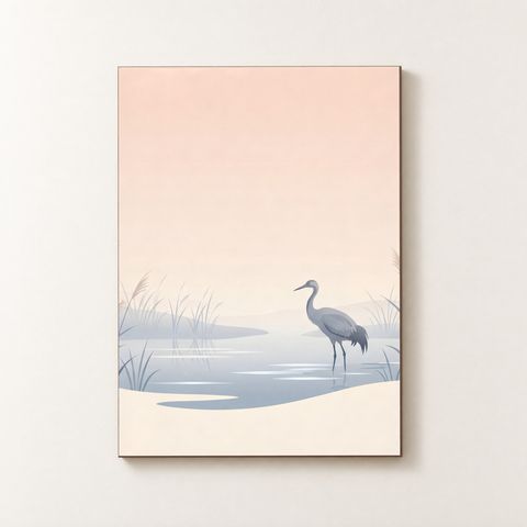 Vorderansicht des Holzposters mit einem grauen Kranich im Morgennebel