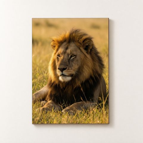 Vorderansicht des Holzposters mit einem sitzenden Löwen im goldenen Gras