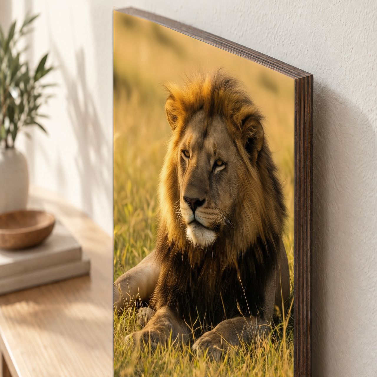 Holzposter Löwe im Abendlicht auf goldener Savanne aus echtem Holz, 8–10 mm stark, mit sichtbarer Holzkante