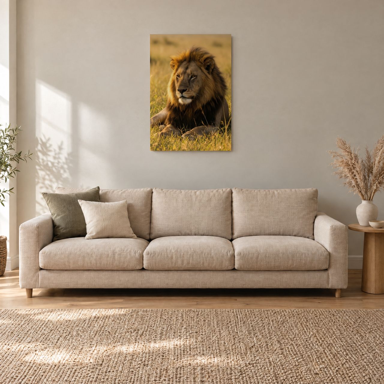 Löwe im Abendlicht auf goldener Savanne Holzposter an der Wand im Wohnzimmer