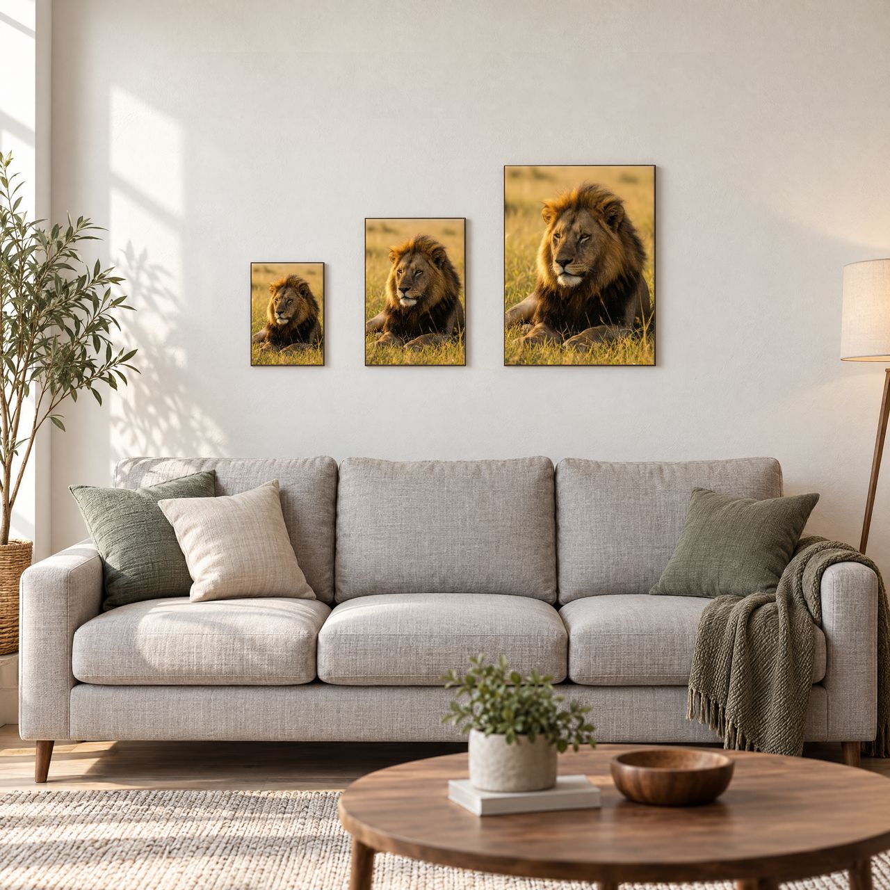 Holzposter Löwe im Abendlicht auf goldener Savanne in drei Größen, A4, A3 und A2, an der Wand über dem Sofa