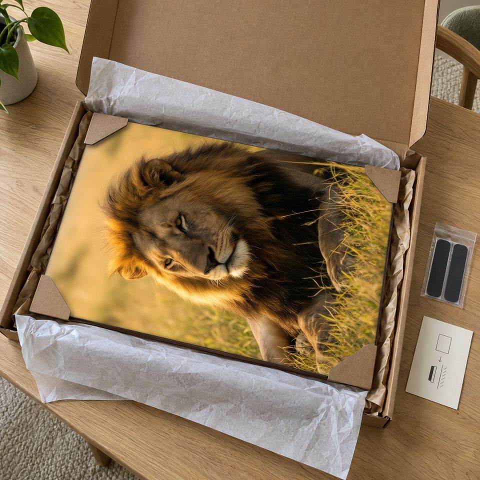 Holzposter Löwe im Abendlicht auf goldener Savanne im Paket: mit Kantenschutz an allen vier Ecken und Seidenpapier verpackt