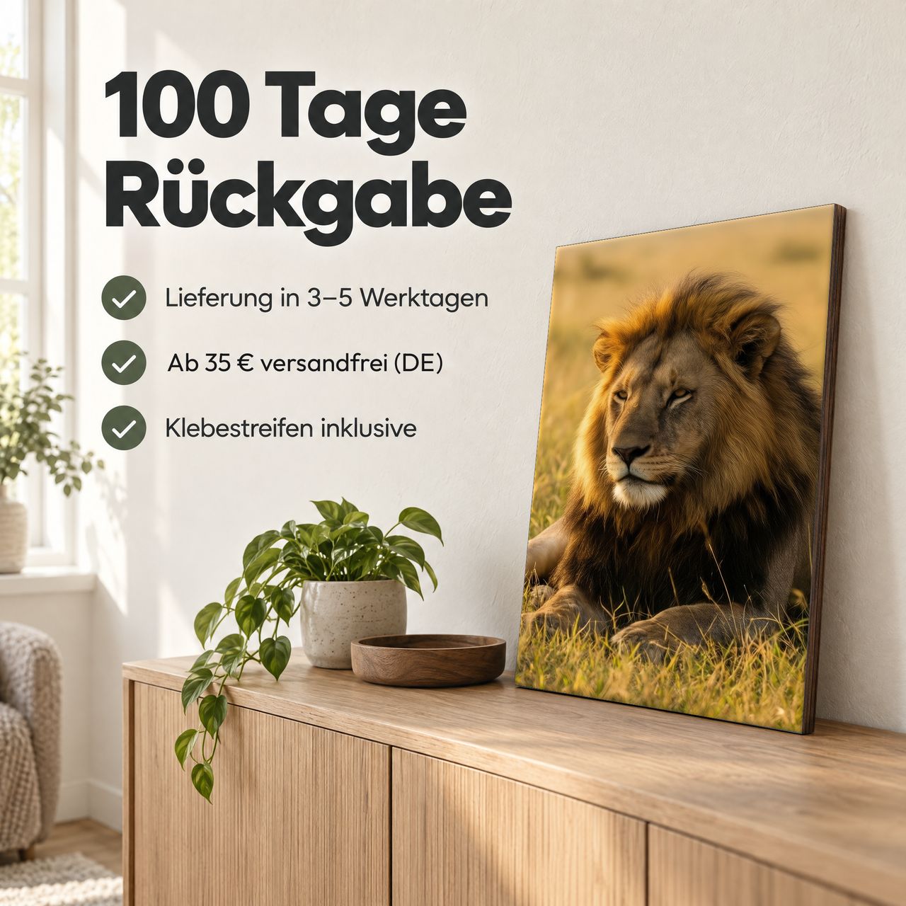 Holzposter Löwe im Abendlicht auf goldener Savanne: 100 Tage Rückgabe, Lieferung in 3–5 Werktagen, Klebestreifen inklusive