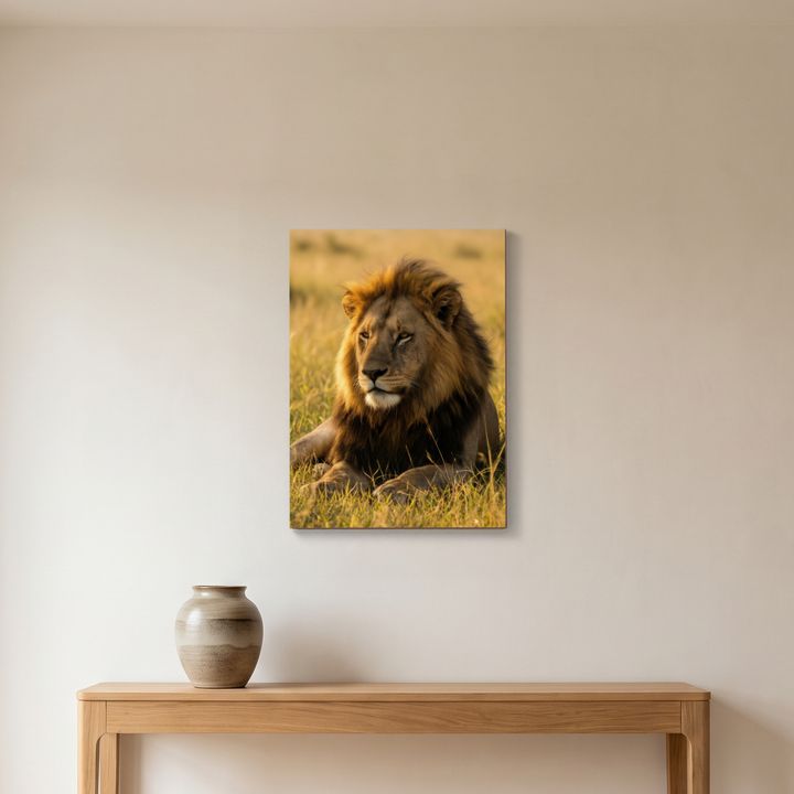 Holzposter hängt gerade an einer glatten Wand im Flur