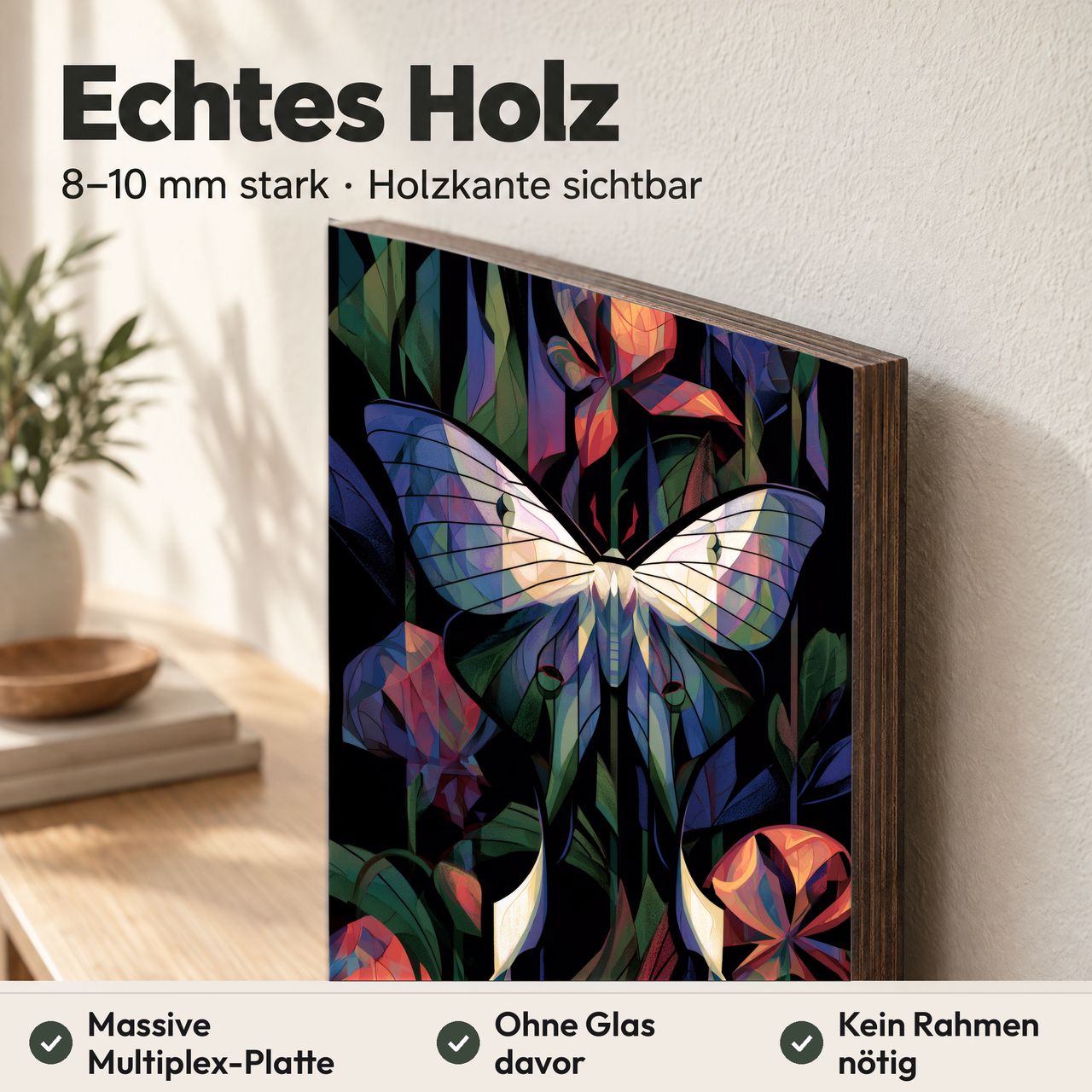 Holzposter Luna-Motte im nächtlichen Blütentanz aus echtem Holz, 8–10 mm stark, mit sichtbarer Holzkante