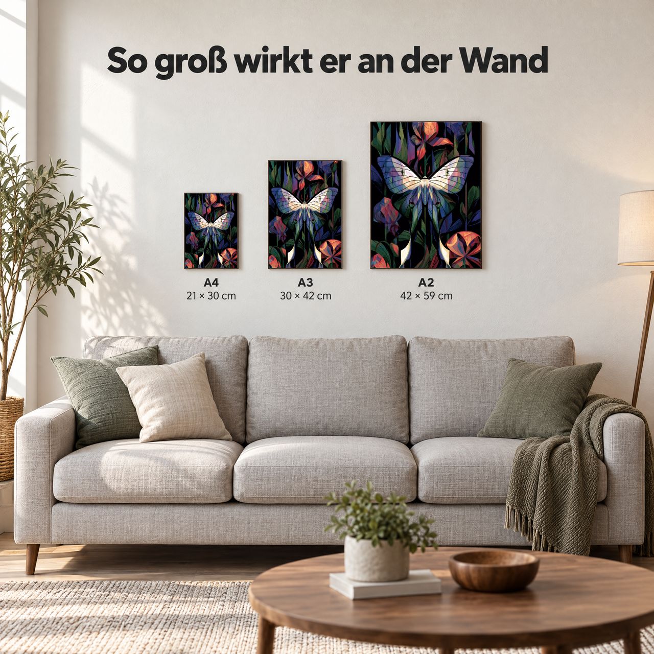 Holzposter Luna-Motte im nächtlichen Blütentanz in A4, A3 und A2 an der Wand über dem Sofa: so groß wirkt er