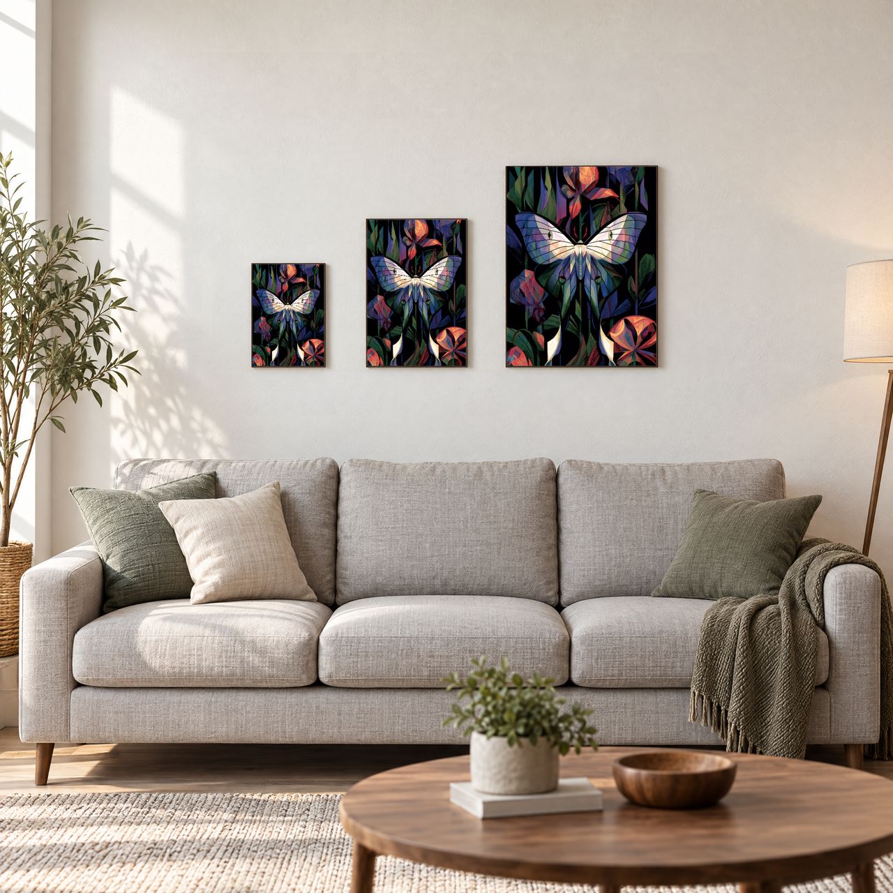 Holzposter Luna-Motte im nächtlichen Blütentanz in drei Größen, A4, A3 und A2, an der Wand über dem Sofa