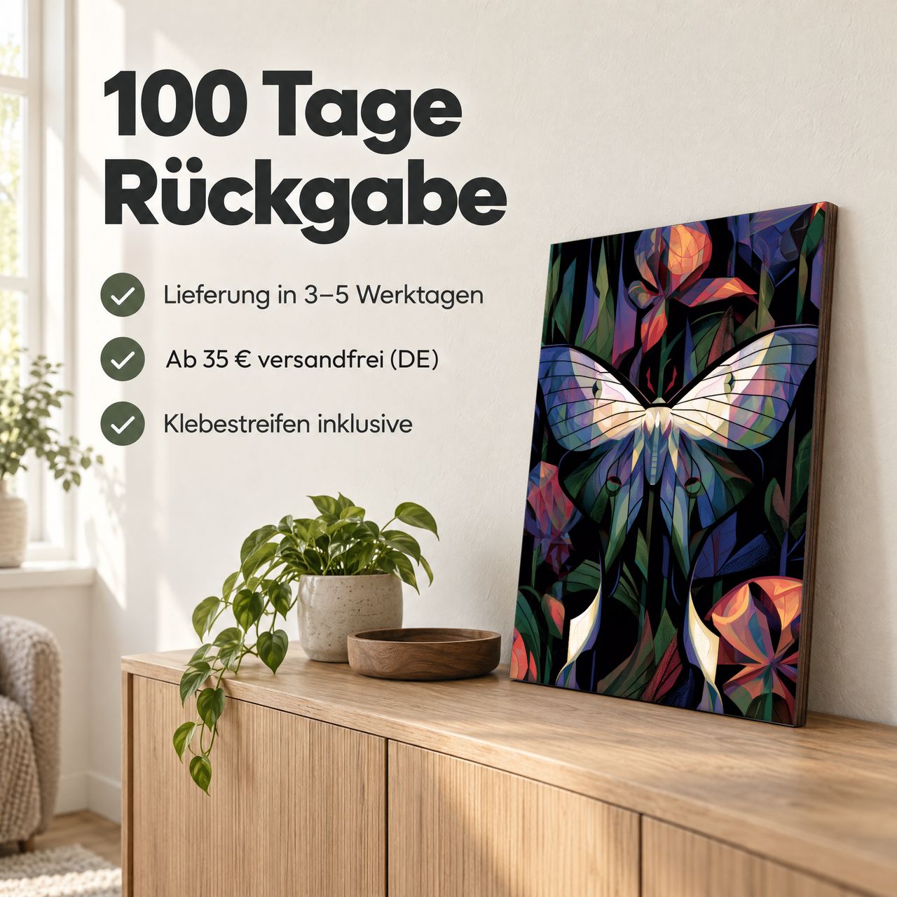 Holzposter Luna-Motte im nächtlichen Blütentanz: 100 Tage Rückgabe, Lieferung in 3–5 Werktagen, Klebestreifen inklusive