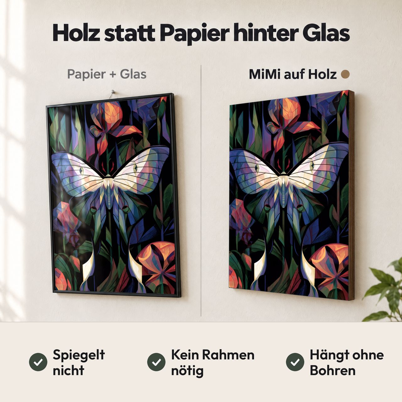 Holzposter Luna-Motte im nächtlichen Blütentanz im Vergleich: Papier hinter Glas spiegelt, MiMi auf Holz nicht