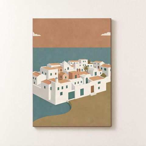 Vorderansicht des Holzposters mit einem isometrischen mediterranen Dorf, terrakotta‑roten Dächern und teal‑Akzenten