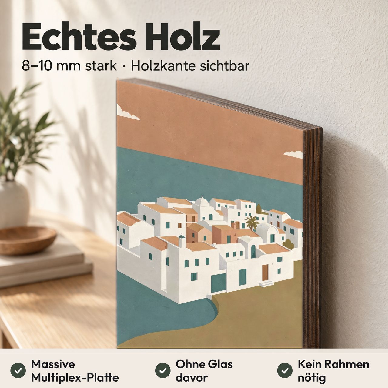 Holzposter Mediterranes Küstendorf aus echtem Holz, 8–10 mm stark, mit sichtbarer Holzkante