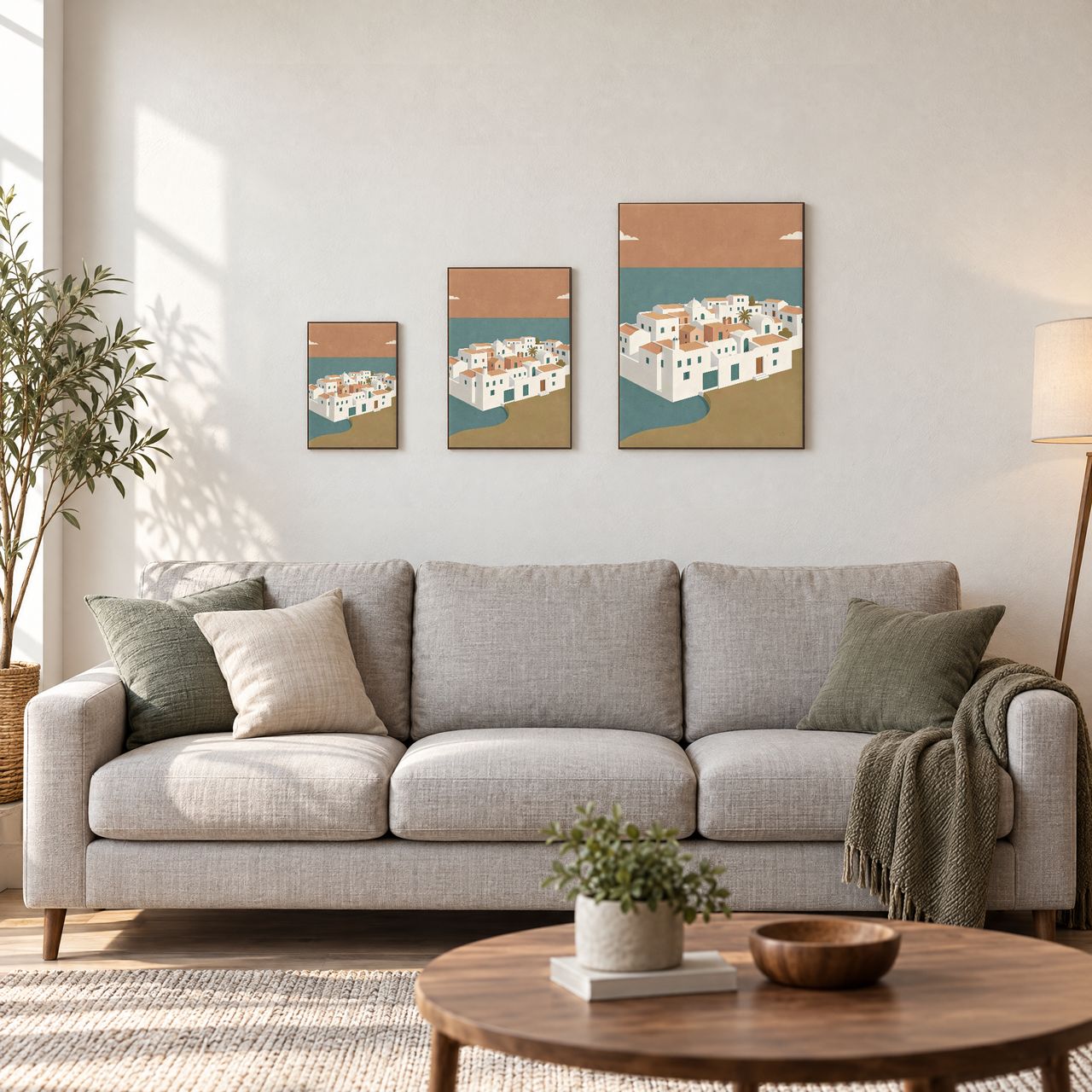 Holzposter Mediterranes Küstendorf in drei Größen, A4, A3 und A2, an der Wand über dem Sofa