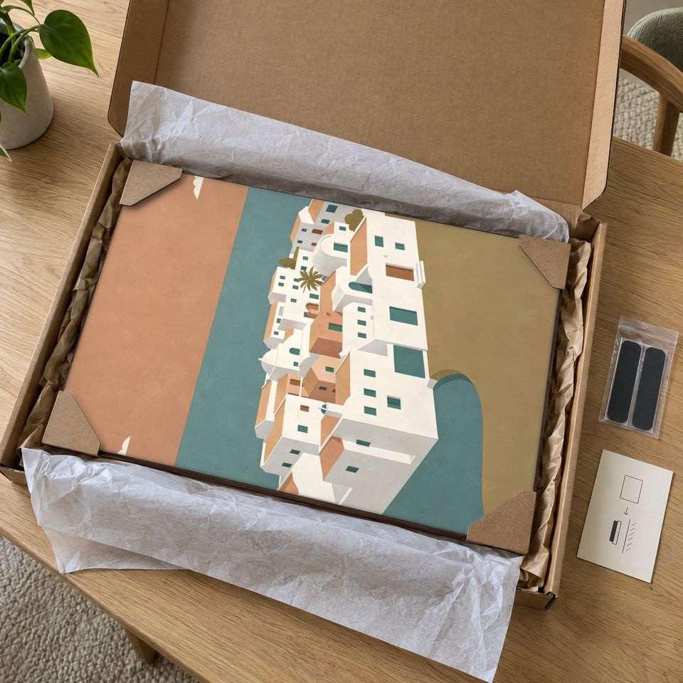 Holzposter Mediterranes Küstendorf im Paket: mit Kantenschutz an allen vier Ecken und Seidenpapier verpackt