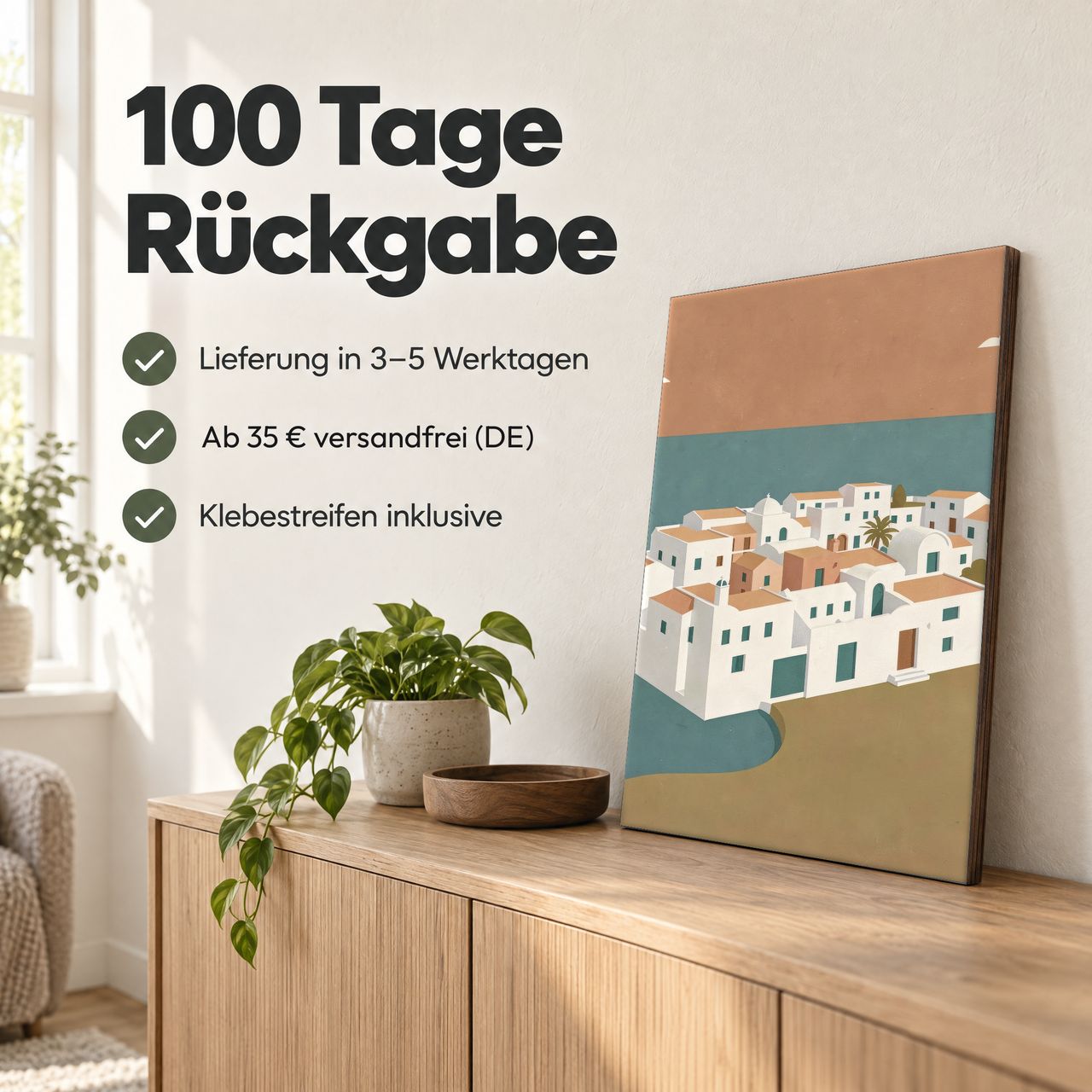 Holzposter Mediterranes Küstendorf: 100 Tage Rückgabe, Lieferung in 3–5 Werktagen, Klebestreifen inklusive